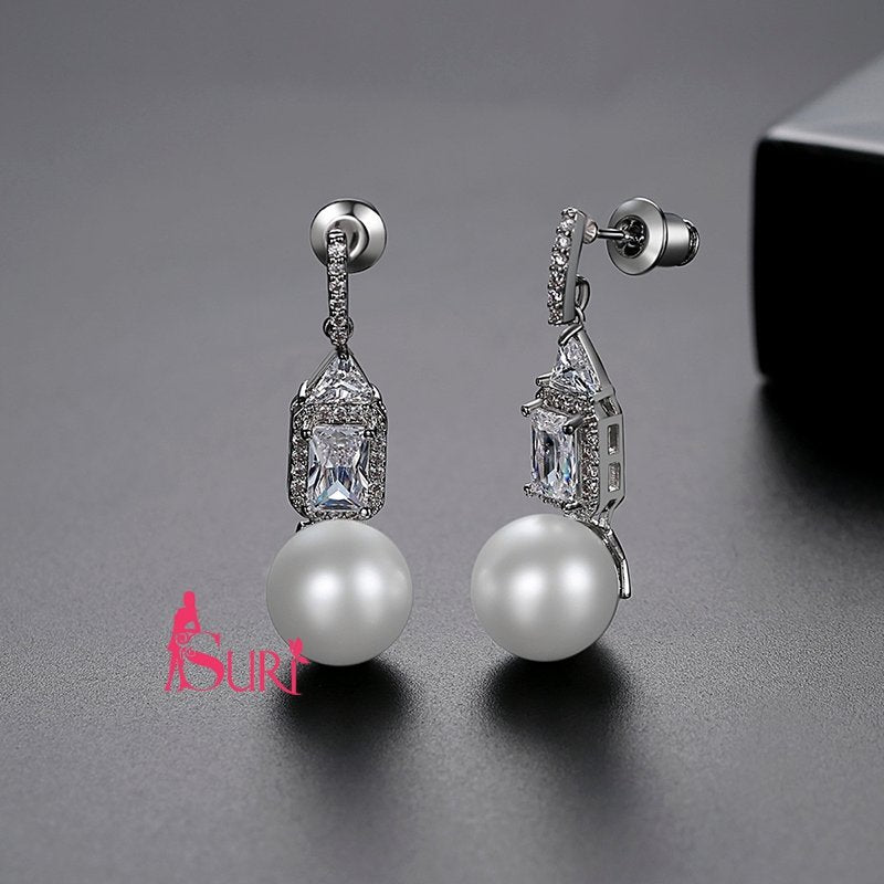 Bông Tai Tòn Teng Ngọc Trai Phối Đá Chữ Nhật Trắng