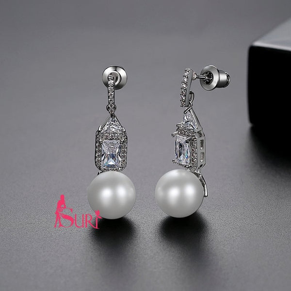 Bông Tai Tòn Teng Ngọc Trai Phối Đá Chữ Nhật Trắng