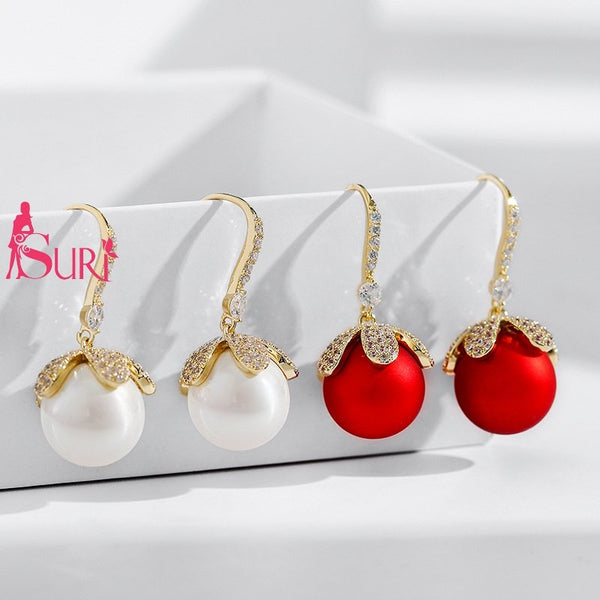 Bông Tai Tòn Teng Ngọc Trai 2 Màu Trắng Đỏ Dạng Móc