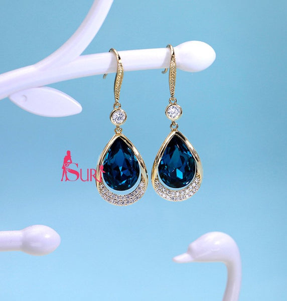 Bông Tai Tòn Teng Giọt Nước Đá Xanh Biển Cả Dạng Móc