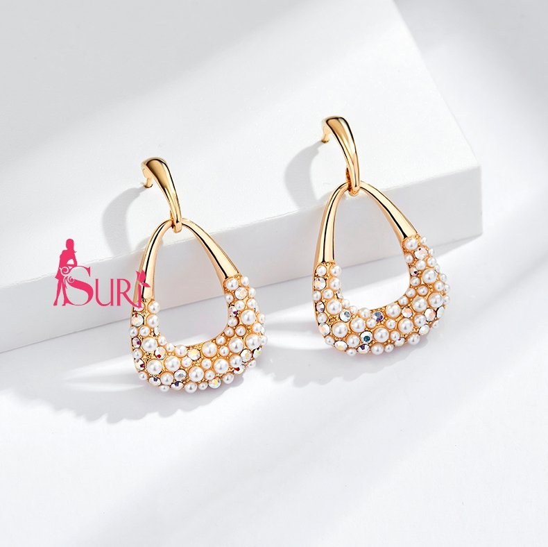 Bông Tai Tòn Teng Tam Giác Vàng Ngọc Trai Dạng Chốt