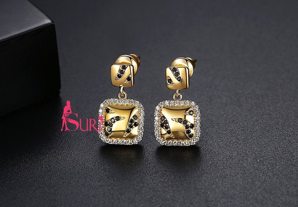 Bông Tai Tòn Teng 2 Hình Vuông Đôi Vàng Đính Đá Đen Nhỏ Xinh