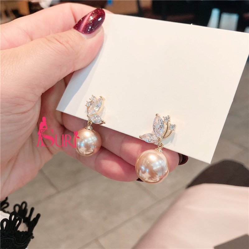 Bông Tai Tòn Teng Bướm Đá Trắng Ngọc Trai Nâu