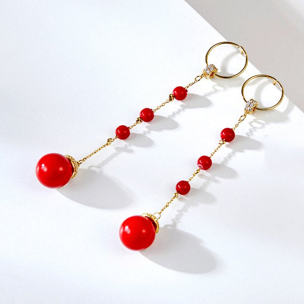 Bông Tai Tòn Teng Hình Tròn Vàng Ngọc Trai Đỏ 1 Sợi