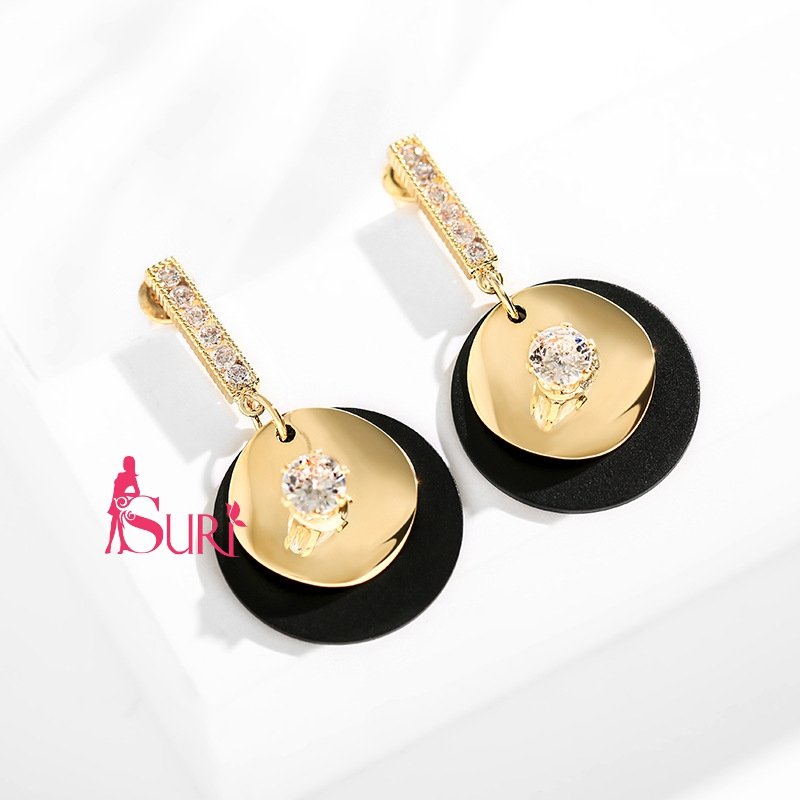 Bông Tai Tòn Teng 2 Hình Tròn Vàng Đen Đính 1 Hạt Đá Trắng