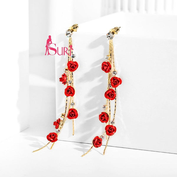 Bông Tai Tòn Teng Hoa Hồng Đỏ Dáng Rơi