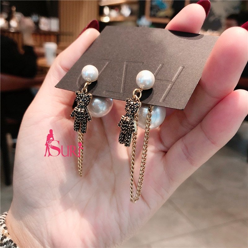 Bông Tai Tòn Teng Dior Ngọc Trai Gấu Teddy Đá Đen