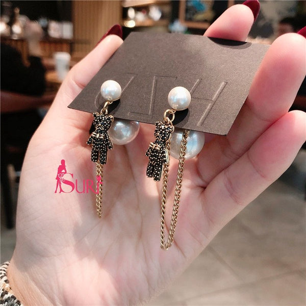 Bông Tai Tòn Teng Dior Ngọc Trai Gấu Teddy Đá Đen
