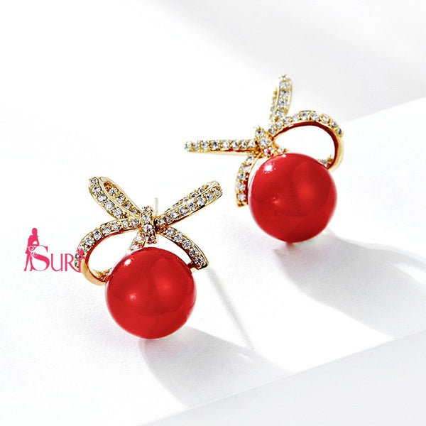 Bông Tai Nơ Vàng Đính Đá Ngọc Trai Đỏ