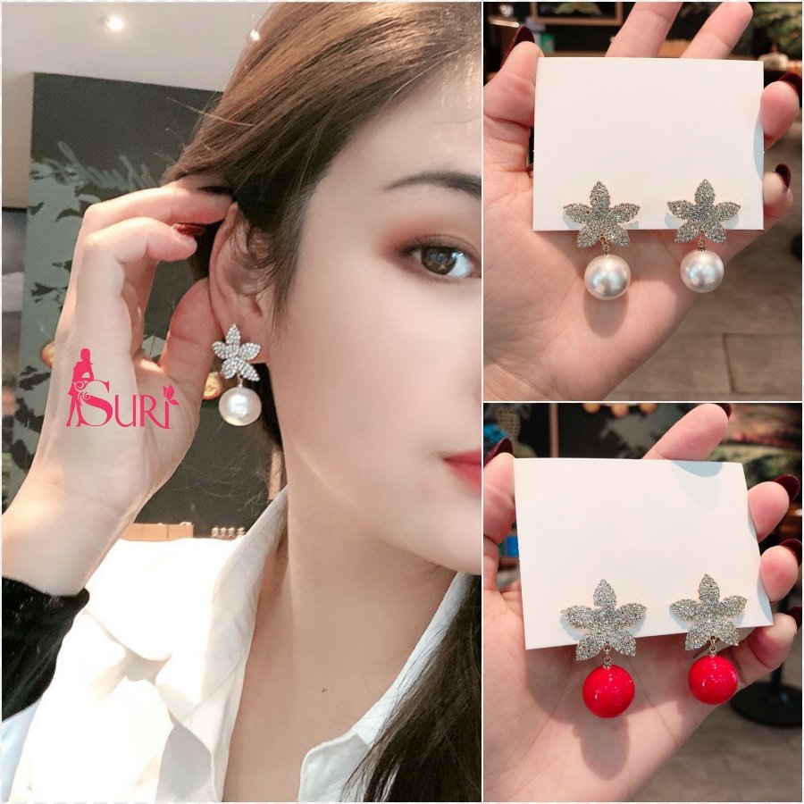 Bông Tai Tòn Teng Hoa 5 Cánh Nhọn Đính Đá Ngọc Trai