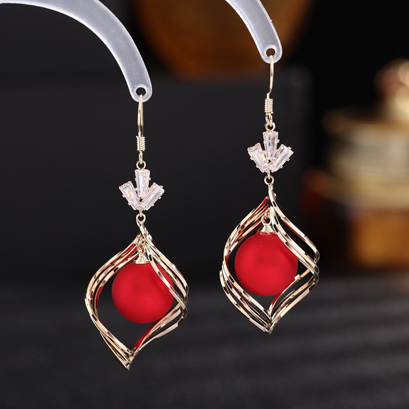 Bông Tai Tòn Teng Xoắn Lưới Đính Ngọc Trai Nhám