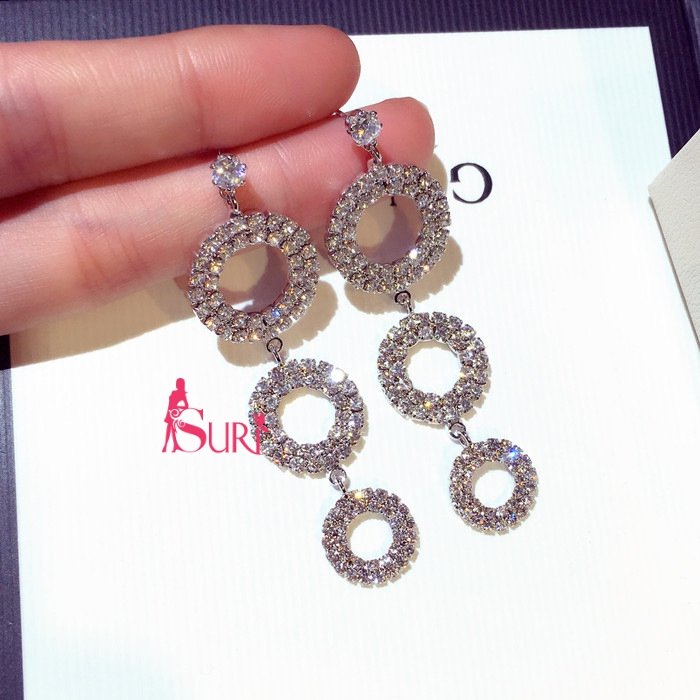 Bông Tai Tòn Teng 3 Khoen Đá Trắng Dáng Dài