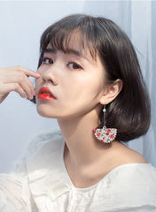 Bông Tai Tòn Teng Cánh Quạt Gỗ In Hoa Đỏ Dạng Móc