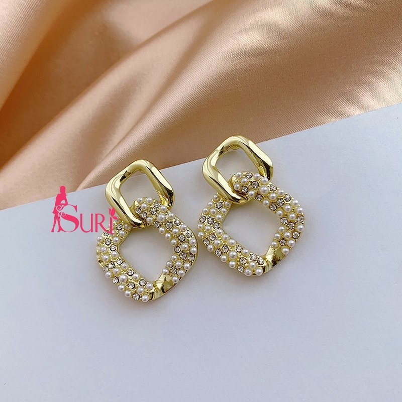 Bông Tai Tòn Teng 2 Hình Thoi Đan Xen Vàng Đính Ngọc Trai