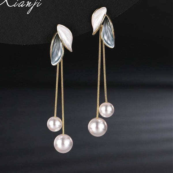 Bông Tai Tòn Teng Hình Lá 2 Màu Trắng Xanh Tua Rua 2 Sợi Ngọc Trai