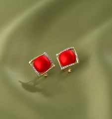 Bông Tai Hình Thoi Đỏ Dạng Kẹp Sát Tai